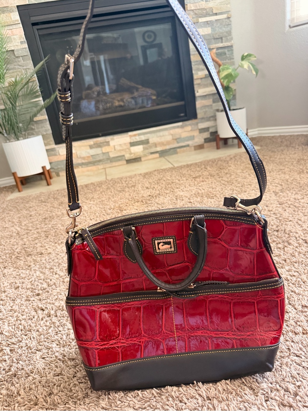 Dooney & Bourke Red Croc Embossed Leather Satchel Crossbody